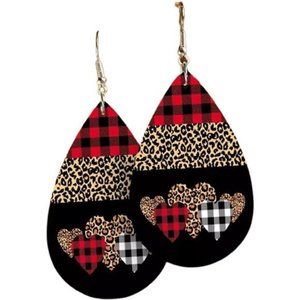 Heart Earrings Leopard Buffalo Plaid Dangle Drop Dangling Valentines Jewelry